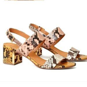 Tory Burch $398 Gigi Snake-Print Leather Sandals Heels Pumps 9.5 Warm Roccia